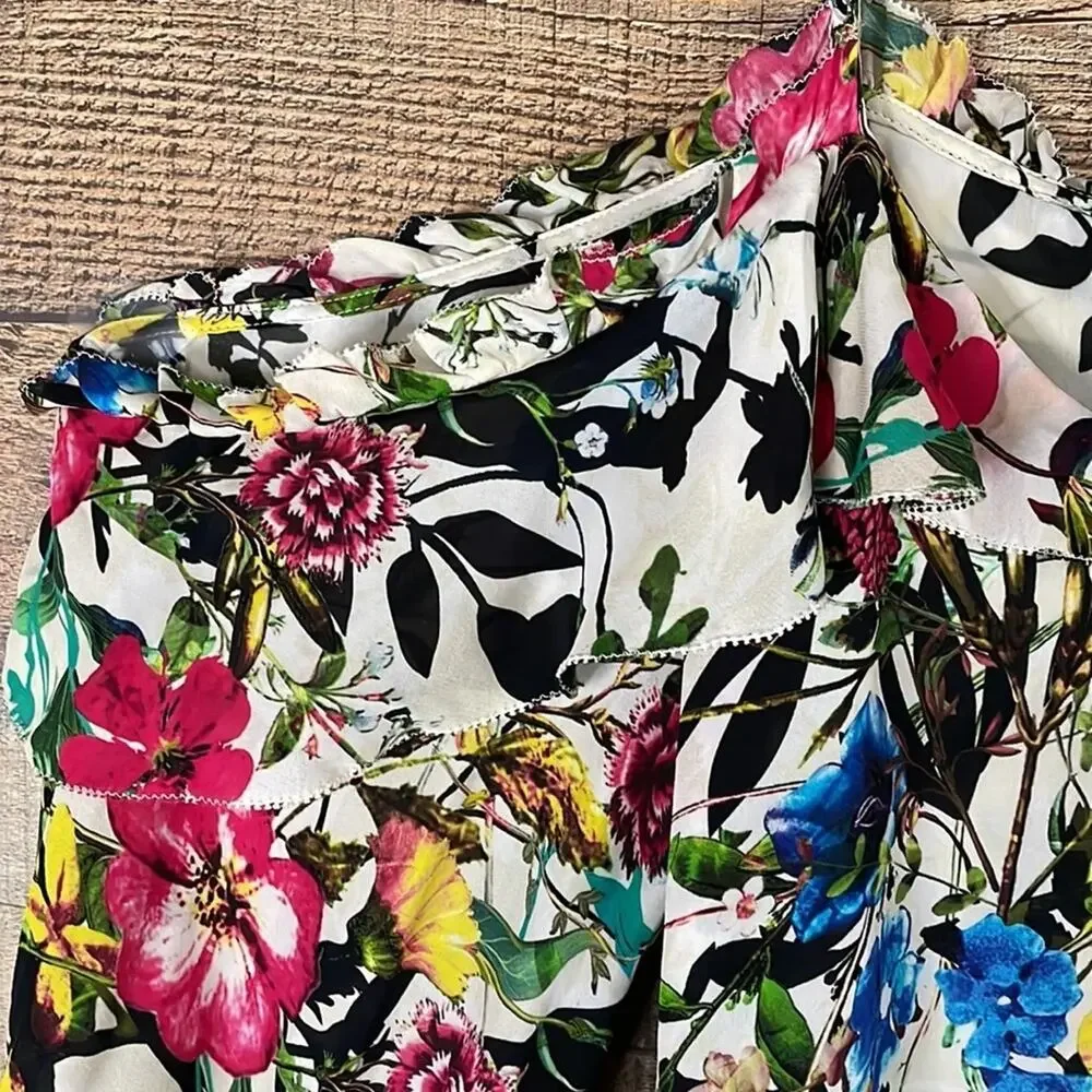 Parker Clark Floral Print Silk Blouse Cold Shoulder Long Sleeve Size Medium